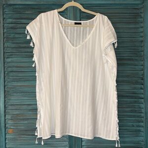 Light Cream V-Neck Tassel-Trim Women's Tunic